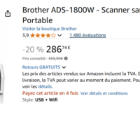 Vente: Brother ADS-1800W - Scanner sans Fil, Compact et Portable